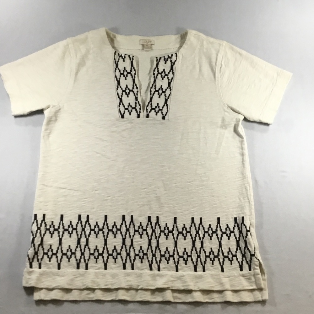 J. Crew Boho IndieVibe Cream Cotton Tunic Short Sleeve Black Embroidery Size XS